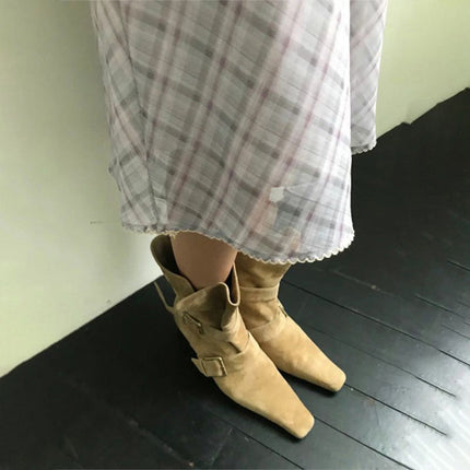 Korean Style Niche Square Toe Thick Heel Slim Boots for Women 2025 Spring New Suede Belt Buckle Retro Western Short Boots