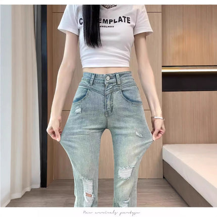 Ripped Raw Edge Bootcut Jeans for Women Summer 2025 New High-Waist Slim Design Flared Floor-Length Pants