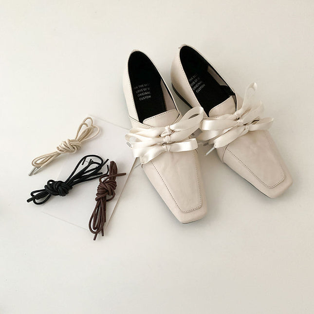 Ready Stock and Shipped in Seconds! Retro Square Toe Lace-Up Loafers, One-Leg Bow Ballet Shoes, Low-Heeled Small Leather Shoes for Women