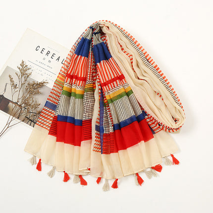 New Retro Striped Sunscreen Shawl Women's Summer Geometric Beach Towel Thin Cotton and Linen Scarf Long Silk Scarf