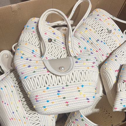 New woven bag shoulder bag simple handbag bucket straw bag seaside vacation leisure cotton rope tote bag