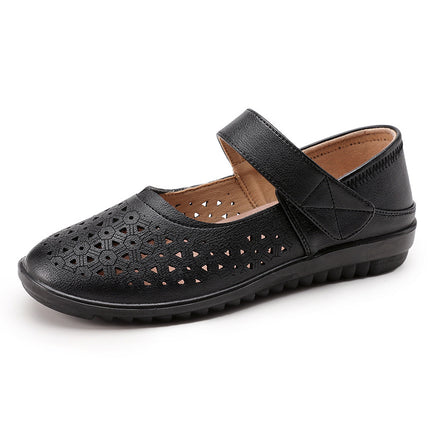 Mom's Shoes, Clogs, Single Shoes, Summer Comfortable Women's Shoes for Middle-Aged and Elderly, Soft-Soled Hollow Breathable Sandals, Non-Slip Leather Shoes