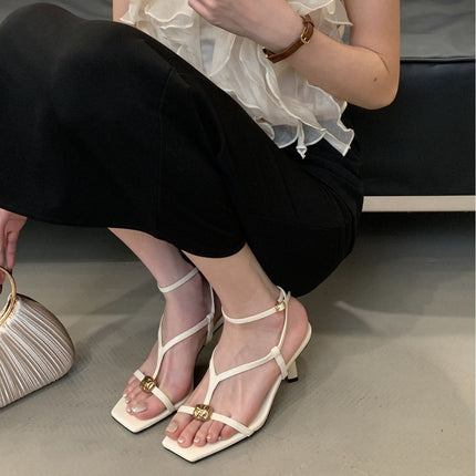 Lady Style Square Toe Metal Buckle Sandals 2025 Summer New Thin Strap Lady Style Women's Shoes Design High Heel Sandals