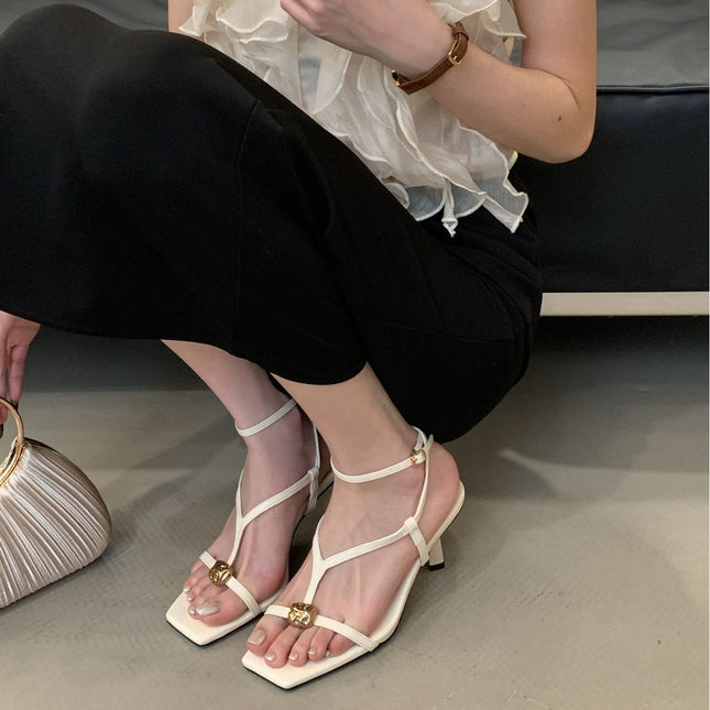Lady Style Square Toe Metal Buckle Sandals 2025 Summer New Thin Strap Lady Style Women's Shoes Design High Heel Sandals