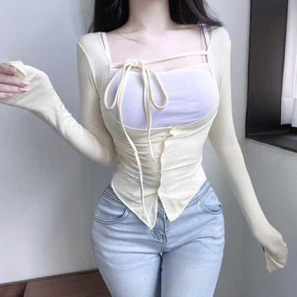 South Korea's Dongdaemun Spring and Summer New Style Pure Lust Style Figure-Showing Suspenders + Lace-Up Sun Protection Thin Cardigan Two-Piece Set
