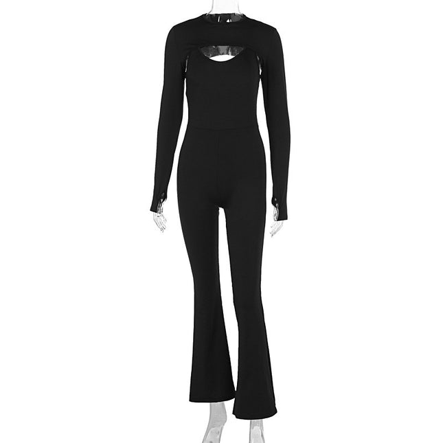 European and American Foreign Trade Autumn Women's Clothing Solid Color Long-Sleeve Round Neck Hollow-Out Fashion Casual Sexy Versatile Slim-Fit Jumpsuit for Women