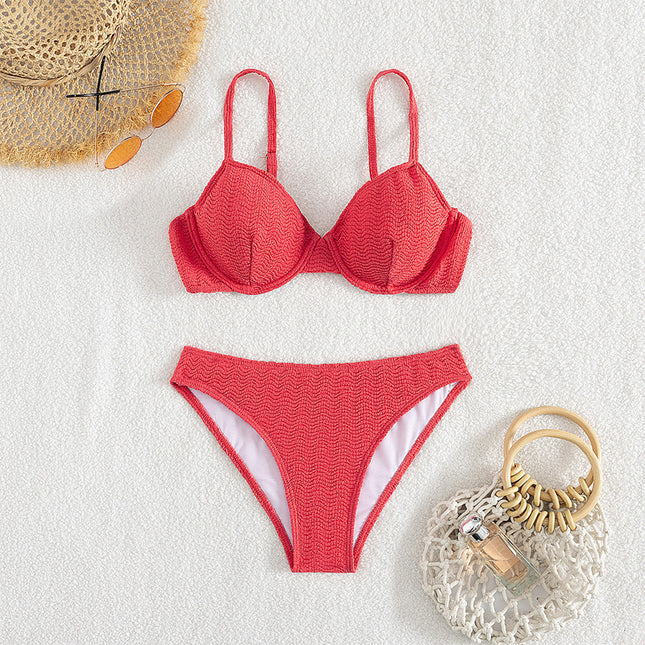 New Foreign Trade Bikini Sexy Swimsuit Women's Red Underwire Push-Up High Waist Bikini Cross-Border European and American Swimwear
