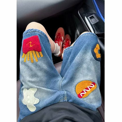 Retro Burger Fries Towel Embroidered Denim Shorts for Men and Women Loose Summer 2025 New Straight Wide Leg Pants