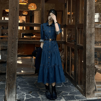 Vintage Elegant Denim Shirt dress Women's Tight Waist Slimming Long Dress Early Autumn New Arrival Light Luxury Women's Clothing