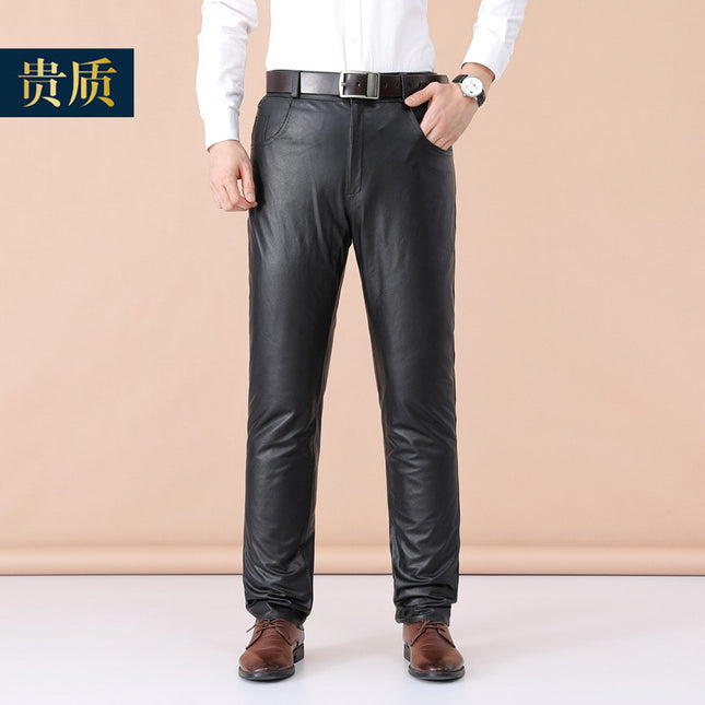 Haining Genuine Leather Pants Men's Top-Layer Cowhide Removable Down Cotton Fleece-Lined Thickened Loose Middle-Aged and Elderly Warm Leather Pants