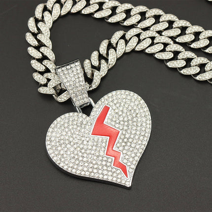European and American Hip Hop Style Full of Red Oil Broken Heart Pendant Chain Necklace Personality Clavicle Chain Sweatshirt Necklace Chain