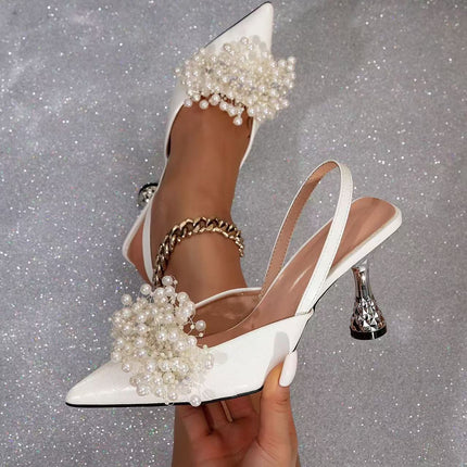 In-Stock Cross-Border Fashion Pearl Flower Irregular Square Beads Stiletto Pointed Open-Back Slingback Sandals for Women