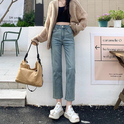 light blue Straight Leg Jeans Women's Spring 2024 New High Waist Slimming Design Niche French Stick Pipe Pants