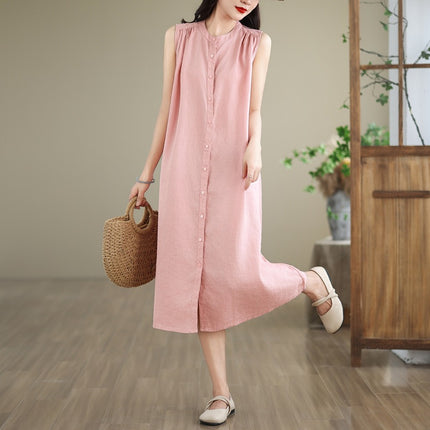 2024 Summer New Style Sleeveless Multi-Pleated Design Solid Color Mid-Length Dress for Women, Artistic Simple Cardigan Cotton and Linen Dress