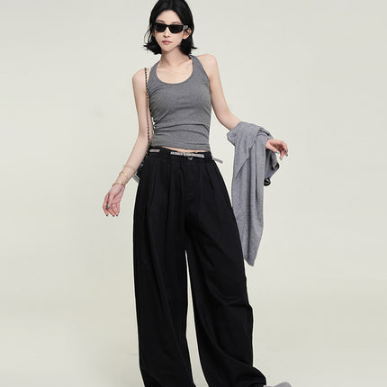 Wu Tongtong Drapey Loose Wide-Leg Straight Casual Pants for Women, Autumn Korean Style High-Waisted Slimming Floor-Length Trousers