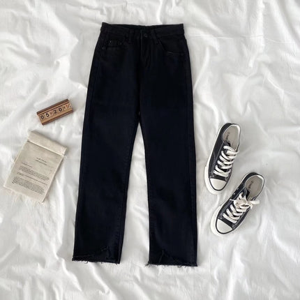 Black straight jeans women's high waist 2024 Summer new slimming loose pipe pants small cropped pants fashion