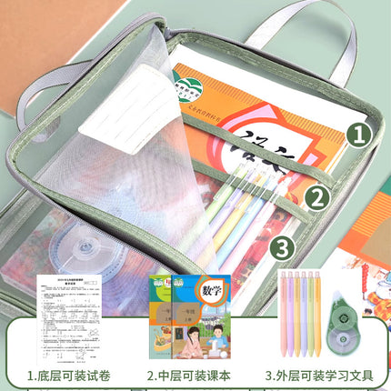 L-Shaped Satchel Subject Bag, Transparent File Storage Bag, Multi-Layer Zipper Mesh Large Opening Handbag, Book Bag