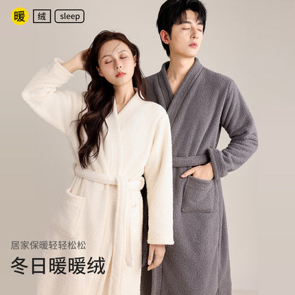 Autumn and Winter Thickened Couple's Robe, Faux Half-Velvet, Diagonal V-Neck, Simple and Elegant, Light Luxury, Warm Bathrobe, Long Style for Men and Women