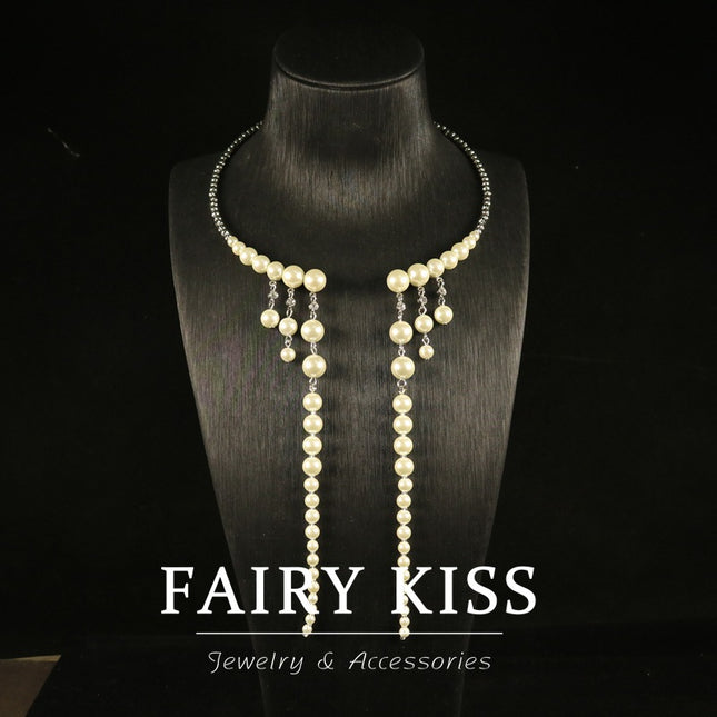 Light Luxury Exquisite Pearl Tassel Collar Necklace Fashionable Elegant Neck Chain Niche Design Sense Open Clavicle Chain