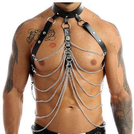 Amazon Hot Sale Sexy Metal Chain Body Chain Chest PU Leather Tie Bodice Tie Belt Clothes in stock