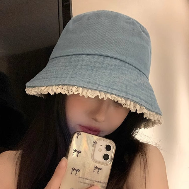 Cute Fisherman Hat Lace Denim Sunscreen Basin Hat Sense Sunshade College Style Face Small Bucket Hat Women