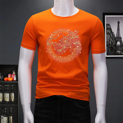 Ouzhanzhou Trendy Men's New Hot Drilling T-shirt Fashionable Slim-fit Large Size Light Luxury Men's Short-sleeved Summer Ice Silk Quick-drying