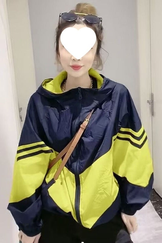 Contrast Color Splicing Hooded Sun Protection Clothing Women's Short 2025 Summer New Loose Long-Sleeved Sun Protection Clothing Thin Jacket