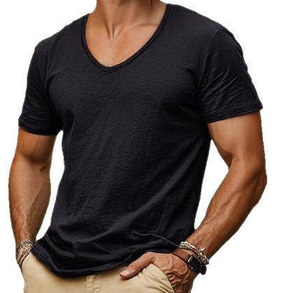 Summer Export Hot Style Men's New Pure Color Bamboo Cotton V Neck Short-Sleeved T-Shirt Pure Cotton Hot Sale European and American Men's Clothing