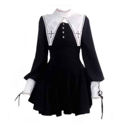 Evil Nun! Halloween Cos Costume Contrast Style Blackened Gothic Dark Style Horror Dress for Adult Women