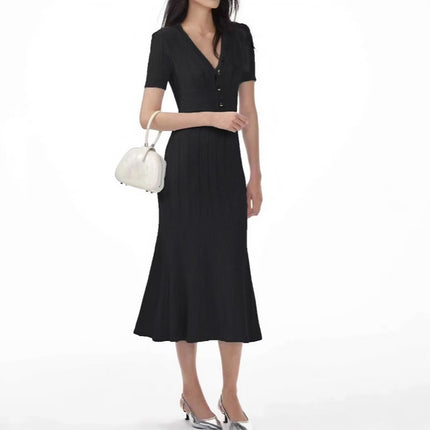 S Brand French-Style Niche 2026 Spring/Summer New Cross-Border Thin Mist Blue Short-Sleeve V-Neck Knit Dress Gown Long Dress