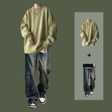 Lazy Style Sweater Men's Spring and Autumn Casual suit Set Matching Jeans Men's Sweater Fashion Two-piece Set