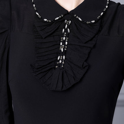 Elegant and Sophisticated Dress with a Doll Collar, French Style, Black, New Spring 2026 Collection, A-Line Midi Dress