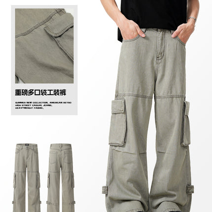 11Kn American Distressed Gray Cargo Pants for Men and Women, Stereo Tailoring, Multi-Flap Pocket Pants, Loose Slimming Look Wide-Leg Straight Pants