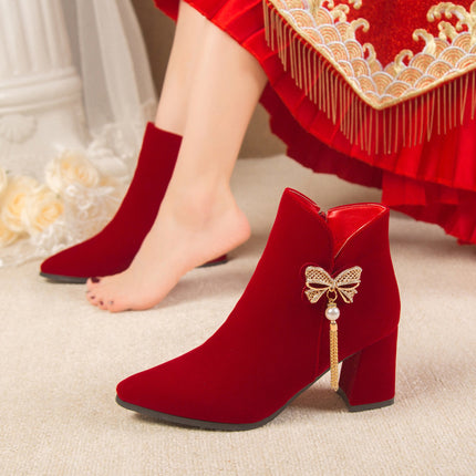 2026 New Style Bowknot Rhinestone Beaded Wedding Shoes Korean Style Tassel Chunky Heel Comfortable Bridal Boots Burgundy Fashion Boots
