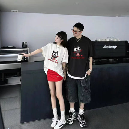 220g Shoulder Short-sleeved T-shirt Women's Cotton Top Summer Cartoon T-shirt Round Neck Loose Breathable plus size Fashion Brand