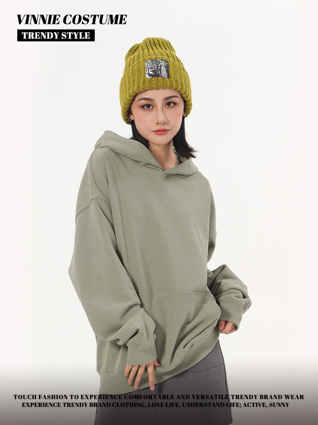 Spring and Autumn Heavy 380g Big terry Shoulder Hooded Sweater Women's American Fashion Brand Loose Solid Color All-match Couple Hoodie