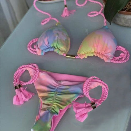 European and American Cross-border New Women's Triangle Bag Rope Bikini Solid Color Sexy Pendant Tassel Swimsuit Women's Bikini
