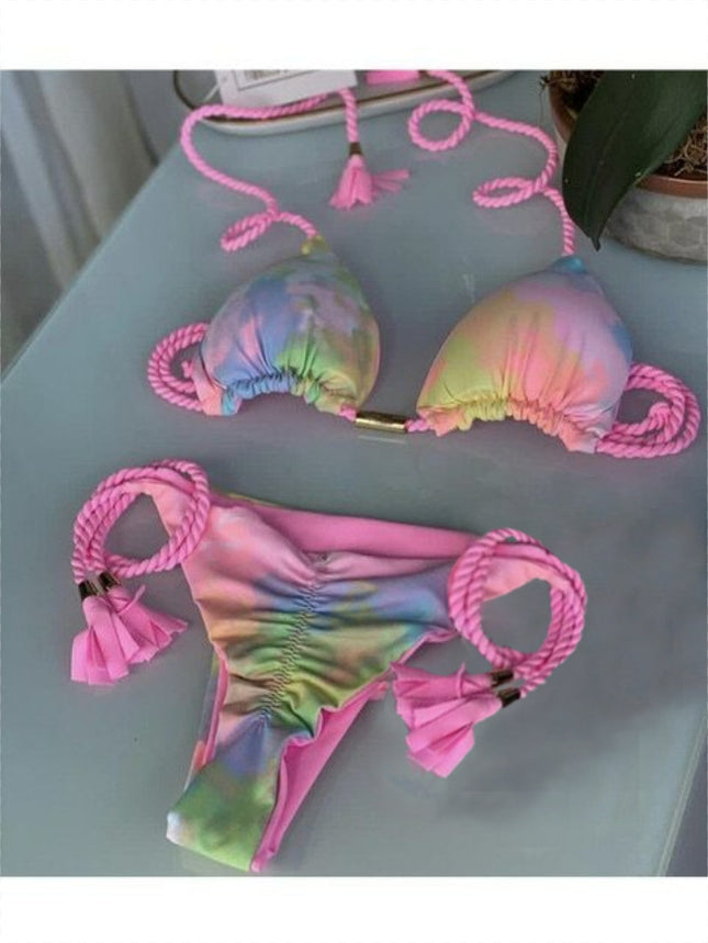European and American Cross-border New Women's Triangle Bag Rope Bikini Solid Color Sexy Pendant Tassel Swimsuit Women's Bikini