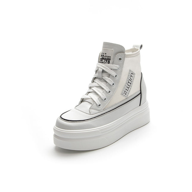 2025 Spring New Women's Mesh High-Top White Shoes with Hidden Heel, Korean Style Casual Platform Shoes