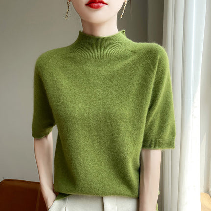 New Autumn and Winter Ready-To-Wear Half-High Collar Loose Short Solid Color Inner Vest Knitwear Short-Sleeve Half-Sleeve Top
