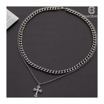 Cross Double-Layer Cuban Necklace Men's Trendy Accessible Luxury Versatile Accessories 2023 New Clavicle Chain Hip-Hop Trendy Jewelry