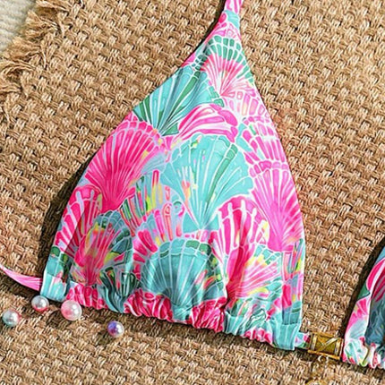 Highly Elastic Shell-Shaped Random Print Bikini Set with Metal Shell Decoration, Suitable for the Beach