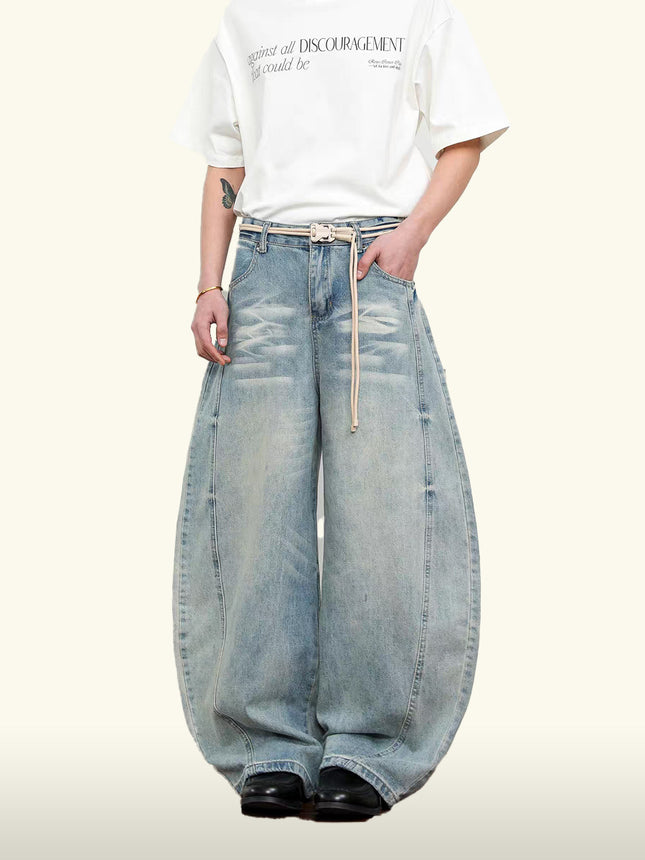 American Style Vintage Washed Cat Whiskers light blue Scimitar Jeans Unisex Wide Leg cleanfit Scythe Jeans