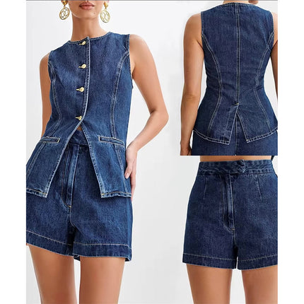 Women's Clothing Set Wish Space Station Cross-Border Independent Station Ready-Made Fashion Brand Sleeveless Denim Shorts Set