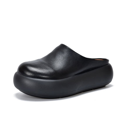 Vintage Casual Thick Bottom Slippers Women's Outer Wear Genuine Leather Sandals 2025 Summer New Round Head Cowhide Half Slippers