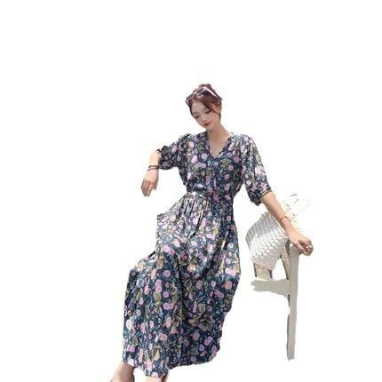 Cotton floral dress 2024 new thin waist pure wind Amazon artificial cotton beach dress fairy dress