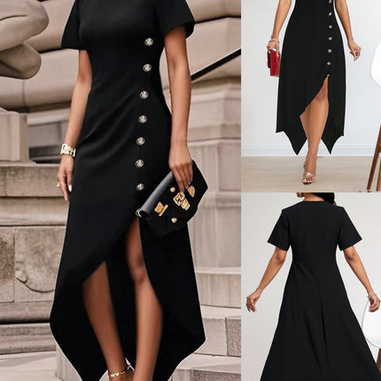 Cross-border Amazon European and American Women's Fashion Elegant Irregular Hem Side Button Decoration dress