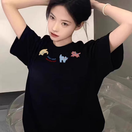 Black Pure Cotton Short-Sleeve T-Shirt for Women, Summer 2026 New Style, Loose Half-Sleeve Oversize American Style Top, Trendy