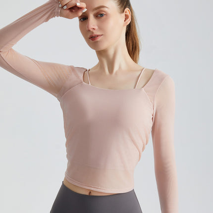 Weiman Sports Yoga Clothing Top with Chest Pad, Slim Fit Outer Wear, Running Fitness Mesh Breathable Long-Sleeved Fitness Clothing