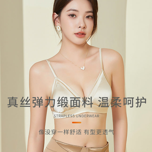 Tangge Satin Silk French Underwear Thin Glosly Triangle Cup Small Chest Women's Mulberry Silk Bra Bra Summer